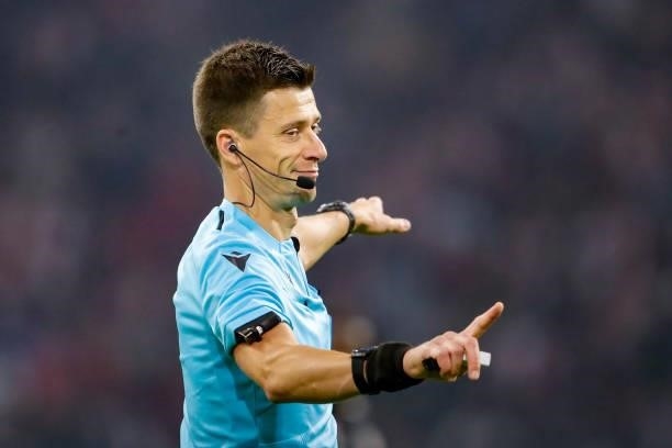 Referee Benoit Bastien during the UEFA Champions League Group stage match between Ajax and Besiktas at Johan Cruijff ArenA on September 28, 2021 in...