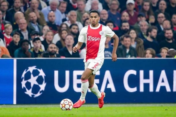 Jurrien Timber of Ajax during the UEFA Champions League Group stage match between Ajax and Besiktas at Johan Cruijff ArenA on September 28, 2021 in...