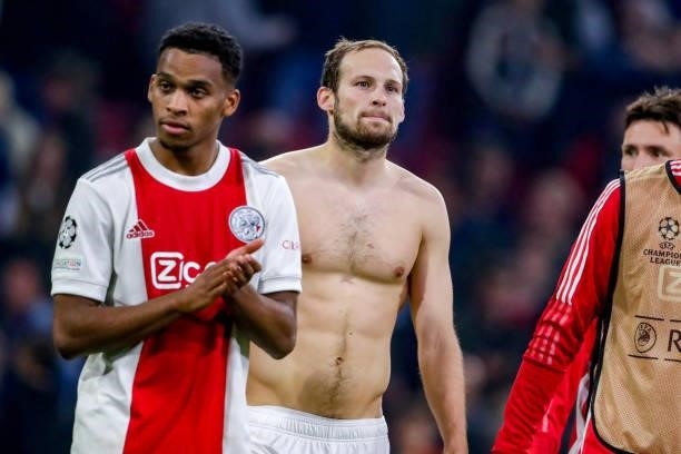 Daley Blind of Ajax, Jurrien Timber of Ajax during the UEFA Champions League Group stage match between Ajax and Besiktas at Johan Cruijff ArenA on...