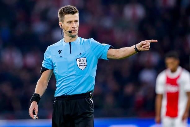 Referee Benoit Bastien during the UEFA Champions League Group stage match between Ajax and Besiktas at Johan Cruijff ArenA on September 28, 2021 in...