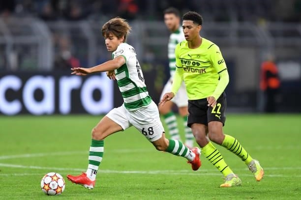 Daniel Braganca of Sporting CP runs with the ball whilst under pressure from Jude Bellingham of Borussia Dortmund during the UEFA Champions League...