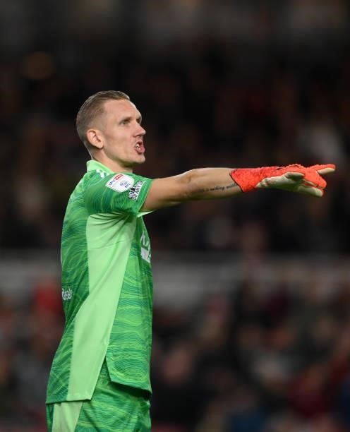 Sheffield United goalkeeper Robin Olsen reacts during the Sky Bet Championship match between Middlesbrough and Sheffield United at Riverside Stadium...