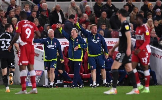 Middlesbrough manager Neil Warnock and his staff point the team forward during the Sky Bet Championship match between Middlesbrough and Sheffield...