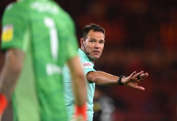 Referee James Linington makes a decision during the Sky Bet Championship match between Middlesbrough and Sheffield United at Riverside Stadium on...