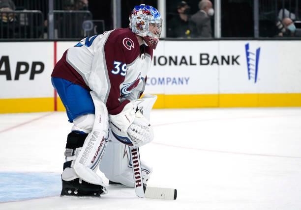 Pavel Francouz of the Colorado Avalanche tends net during the first period of a game against the Vegas Golden Knights at T-Mobile Arena on September...