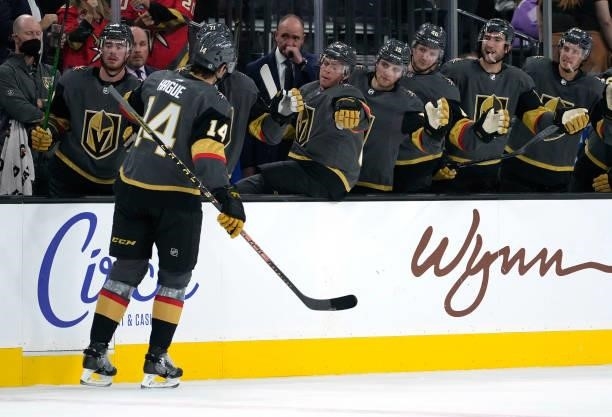 Nicolas Hague of the Vegas Golden Knights celebrates after scoring a goal during the first period against the Colorado Avalanche at T-Mobile Arena on...
