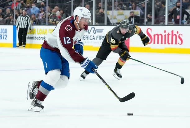 Jayson Megna of the Colorado Avalanche skates in against Laurent Brossoit of the Vegas Golden Knights during the second period of a game at T-Mobile...