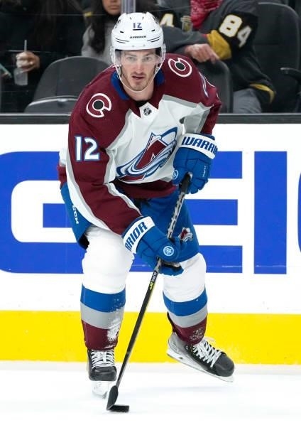 Jayson Megna of the Colorado Avalanche skates during the second period against the Vegas Golden Knights at T-Mobile Arena on September 28, 2021 in...