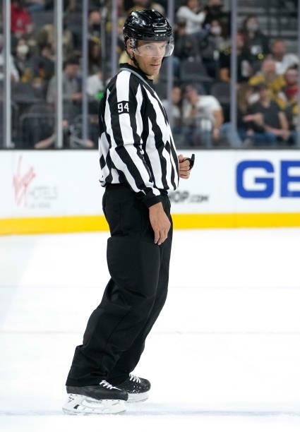 Linesman Bryan Pancich is seen on the ice during a game between the Vegas Golden Knights and Colorado Avalanche at T-Mobile Arena on September 28,...