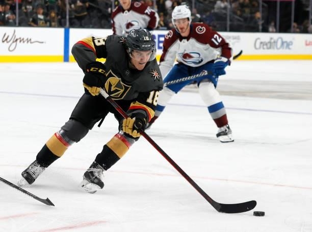 Peyton Krebs of the Vegas Golden Knights skates with the puck against the Colorado Avalanche in the second period of their preseason game at T-Mobile...