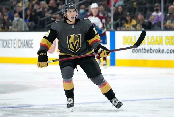 Peyton Krebs of the Vegas Golden Knights skates during the third period against the Colorado Avalanche at T-Mobile Arena on September 28, 2021 in Las...