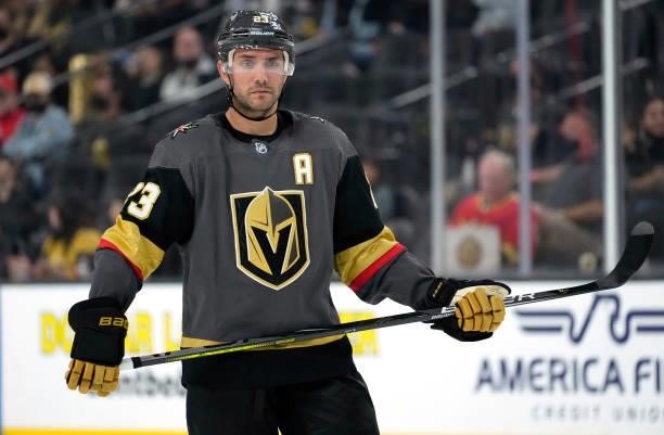 Alec Martinez of the Vegas Golden Knights skates during the third period against the Colorado Avalanche at T-Mobile Arena on September 28, 2021 in...