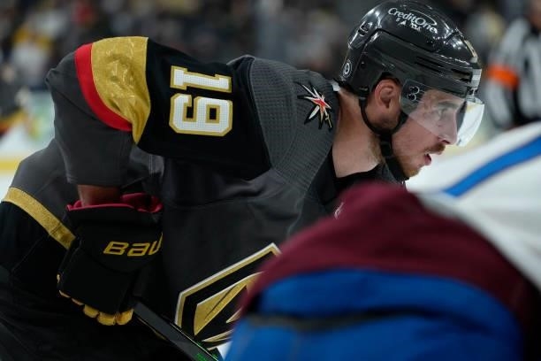 Reilly Smith of the Vegas Golden Knights skates during the third period against the Colorado Avalanche at T-Mobile Arena on September 28, 2021 in Las...