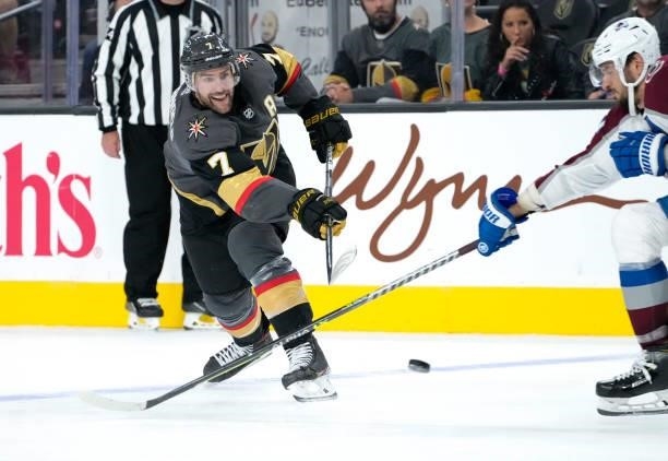 Alex Pietrangelo of the Vegas Golden Knights shoots the puck during the third period against the Colorado Avalanche at T-Mobile Arena on September...