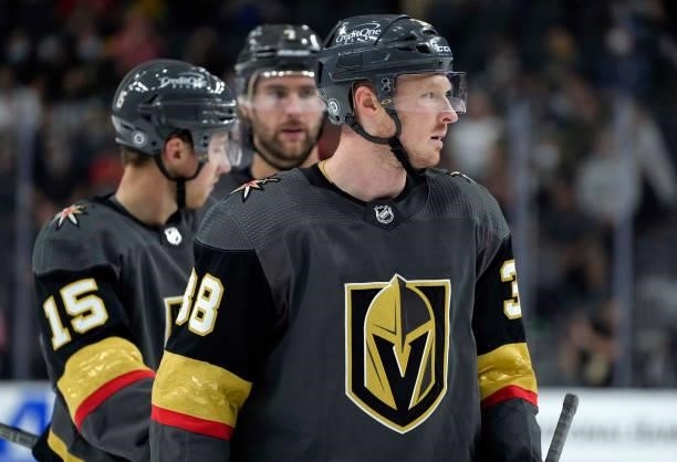 Patrick Brown of the Vegas Golden Knights skates during the third period against the Colorado Avalanche at T-Mobile Arena on September 28, 2021 in...