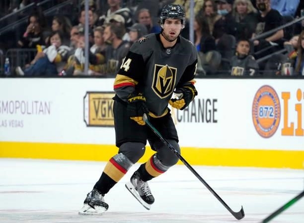 Nicolas Hague of the Vegas Golden Knights skates during the third period against the Colorado Avalanche at T-Mobile Arena on September 28, 2021 in...