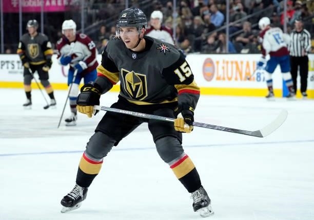 Jake Leschyshyn of the Vegas Golden Knights skates during the third period against the Colorado Avalanche at T-Mobile Arena on September 28, 2021 in...