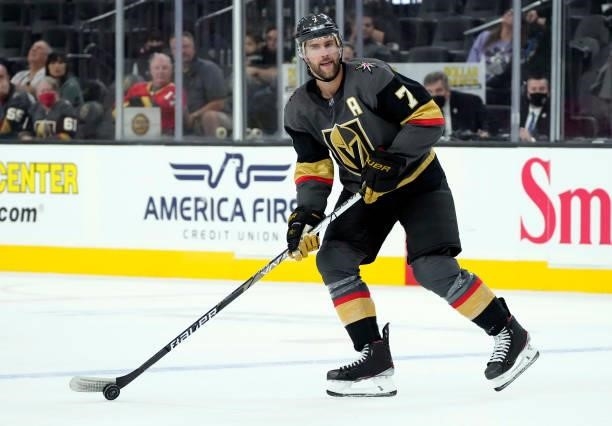 Alex Pietrangelo of the Vegas Golden Knights skates during the third period against the Colorado Avalanche at T-Mobile Arena on September 28, 2021 in...
