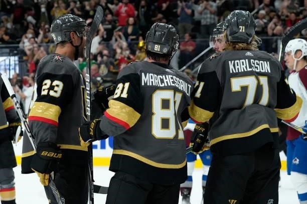 Jonathan Marchessault of the Vegas Golden Knights celebrates after scoring a goal during the third period against the Colorado Avalanche at T-Mobile...