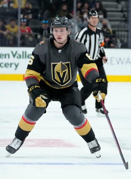 Kaedan Korczak of the Vegas Golden Knights skates during the third period against the Colorado Avalanche at T-Mobile Arena on September 28, 2021 in...