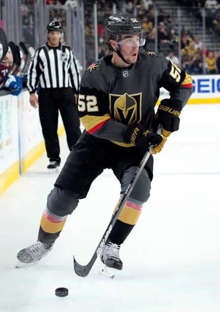 Dylan Coghlan of the Vegas Golden Knights skates during the third period against the Colorado Avalanche at T-Mobile Arena on September 28, 2021 in...