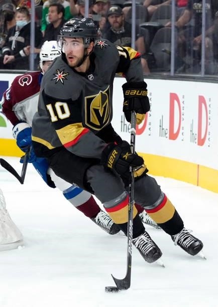 Nicolas Roy of the Vegas Golden Knights skates during the third period against the Colorado Avalanche at T-Mobile Arena on September 28, 2021 in Las...