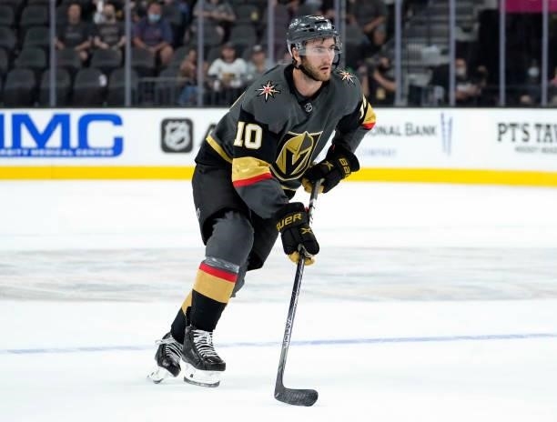 Nicolas Roy of the Vegas Golden Knights skates in during a practice shootout against the Colorado Avalanche at T-Mobile Arena on September 28, 2021...
