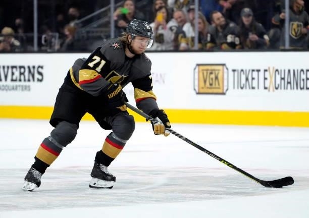 William Karlsson of the Vegas Golden Knights skates in during a practice shootout against the Colorado Avalanche at T-Mobile Arena on September 28,...