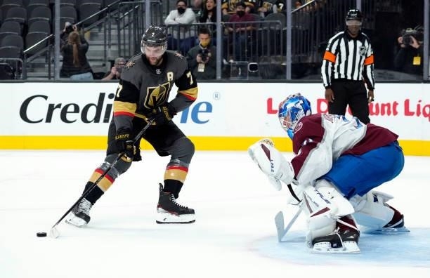 Alex Pietrangelo of the Vegas Golden Knights skates in against Jonas Johansson of the Colorado Avalanche during a practice shootout at T-Mobile Arena...
