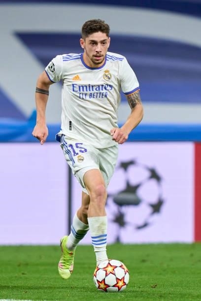 Federico Valverde of Real Madridruns with the ball during the UEFA Champions League group D match between Real Madrid and FC Sheriff at Estadio...