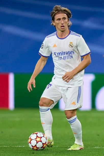 Luka Modric of Real Madrid looks on during the UEFA Champions League group D match between Real Madrid and FC Sheriff at Estadio Santiago Bernabeu on...