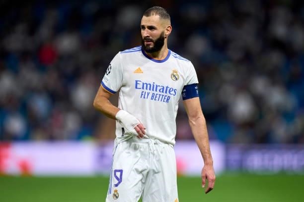 Karim Benzema of Real Madrid looks on during the UEFA Champions League group D match between Real Madrid and FC Sheriff at Estadio Santiago Bernabeu...