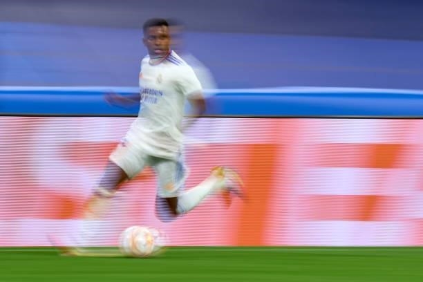 Rodrygo Goes of Real Madrid runs with the ball during the UEFA Champions League group D match between Real Madrid and FC Sheriff at Estadio Santiago...
