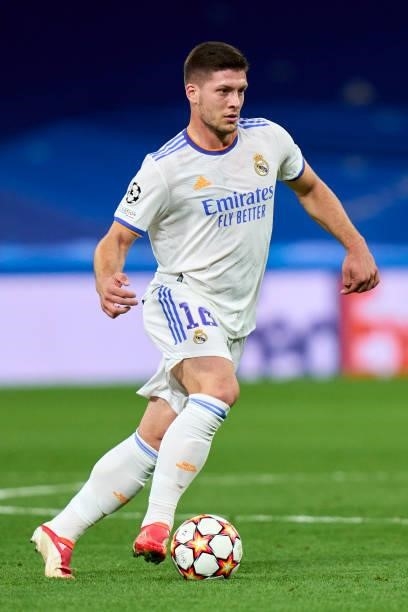 Luka Jovic of Real Madrid runs with the ball during the UEFA Champions League group D match between Real Madrid and FC Sheriff at Estadio Santiago...
