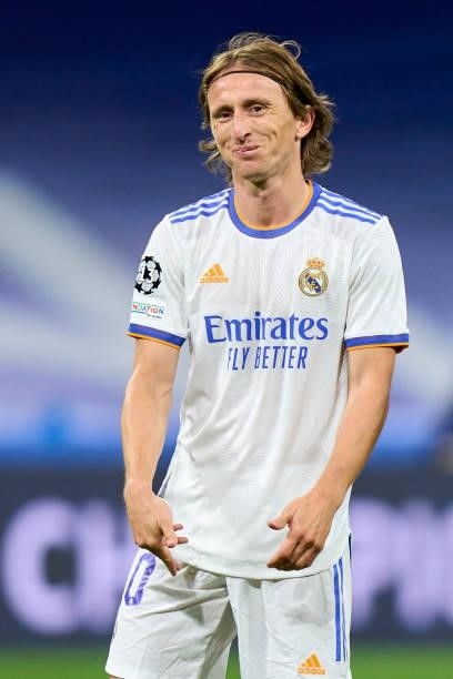 Luka Modric of Real Madrid reacts during the UEFA Champions League group D match between Real Madrid and FC Sheriff at Estadio Santiago Bernabeu on...