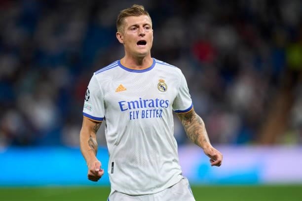 Toni Kroos of Real Madrid reacts during the UEFA Champions League group D match between Real Madrid and FC Sheriff at Estadio Santiago Bernabeu on...