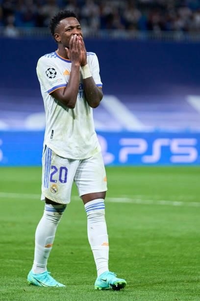 Vinicius Junior of Real Madrid reacts during the UEFA Champions League group D match between Real Madrid and FC Sheriff at Estadio Santiago Bernabeu...