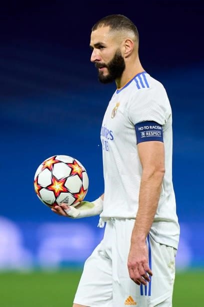 Karim Benzema of Real Madrid with ball during the UEFA Champions League group D match between Real Madrid and FC Sheriff at Estadio Santiago Bernabeu...