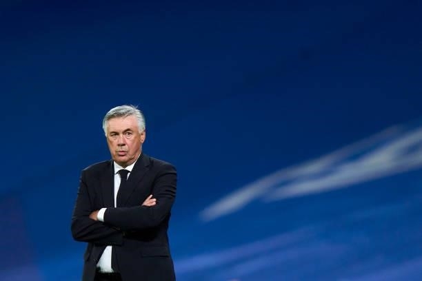 Carlos Ancelotti head Coach of Real Madrid looks on during the UEFA Champions League group D match between Real Madrid and FC Sheriff at Estadio...