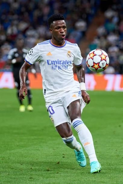 Vinicius Junior of Real Madrid in action during the UEFA Champions League group D match between Real Madrid and FC Sheriff at Estadio Santiago...