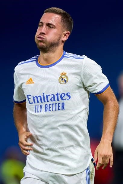 Eden Hazard of Real Madrid reacts during the UEFA Champions League group D match between Real Madrid and FC Sheriff at Estadio Santiago Bernabeu on...