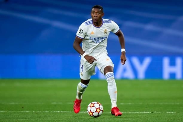 David Alaba of Real Madrid looks onduring the UEFA Champions League group D match between Real Madrid and FC Sheriff at Estadio Santiago Bernabeu on...