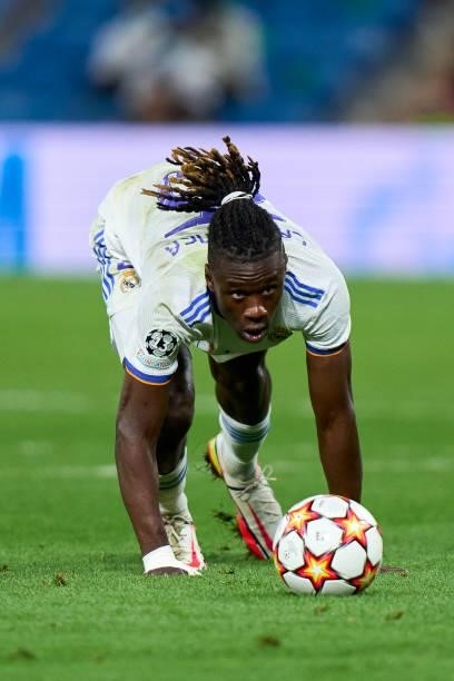 Eduardo Camavinga of Real Madrid in action during the UEFA Champions League group D match between Real Madrid and FC Sheriff at Estadio Santiago...