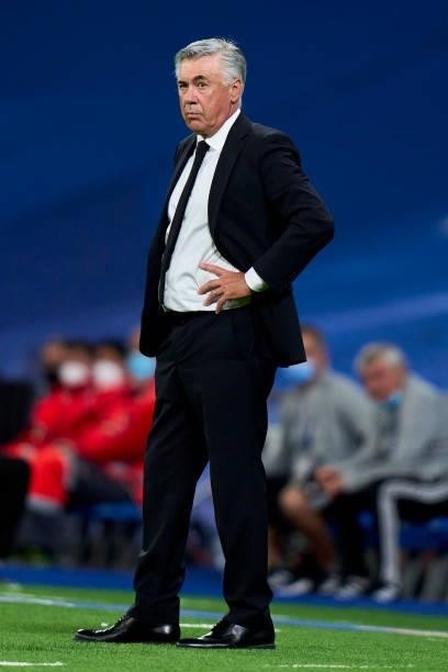 Carlos Ancelotti head Coach of Real Madrid looks on during the UEFA Champions League group D match between Real Madrid and FC Sheriff at Estadio...