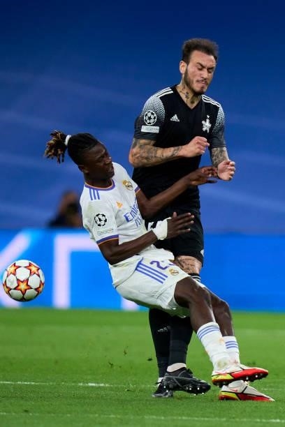 Eduardo Camavinga of Real Madrid battle for the ball Gustavo Dulanto of FC Sheriff during the UEFA Champions League group D match between Real Madrid...