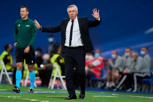 Carlos Ancelotti head Coach of Real Madrid reacts during the UEFA Champions League group D match between Real Madrid and FC Sheriff at Estadio...