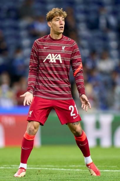 Konstantinos Tsimikas of Liverpool FC warms up prior to the UEFA Champions League group B match between FC Porto and Liverpool FC at Estadio do...