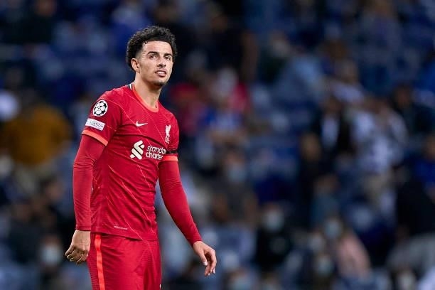Curtis Jones of Liverpool FC looks on during the UEFA Champions League group B match between FC Porto and Liverpool FC at Estadio do Dragao on...