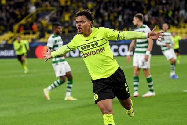 Donyell Malen of Dortmund celebrates after scoring his team´s first goal during the UEFA Champions League group C match between Borussia Dortmund and...