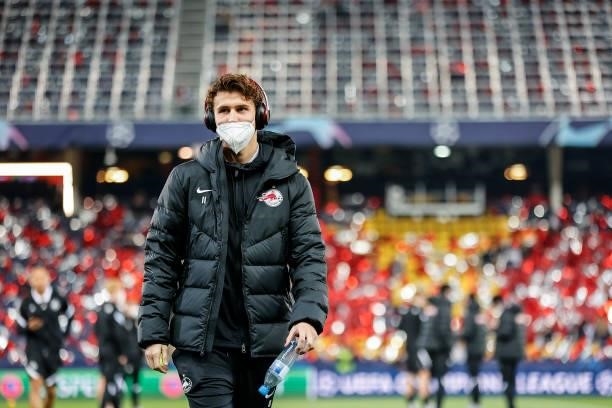 Brenden Aaronson of FC Salzburg during a pitch inspection prior to the UEFA Champions League group G match between FC Salzburg and Lille OSC at Red...